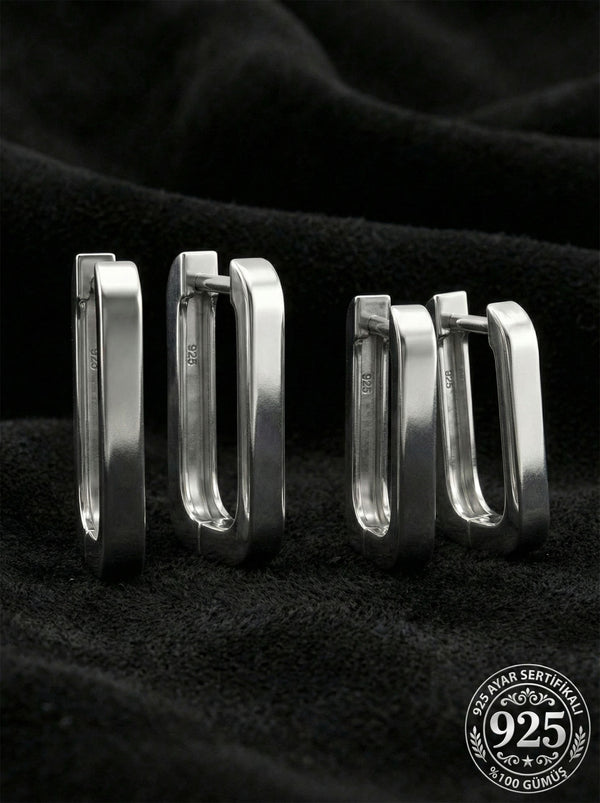 925 Sterling Silver Rhodium Plated Rectangular Huggie Hoop Earring Set 2 Pairs - (Medium-Small 3mm Width)
