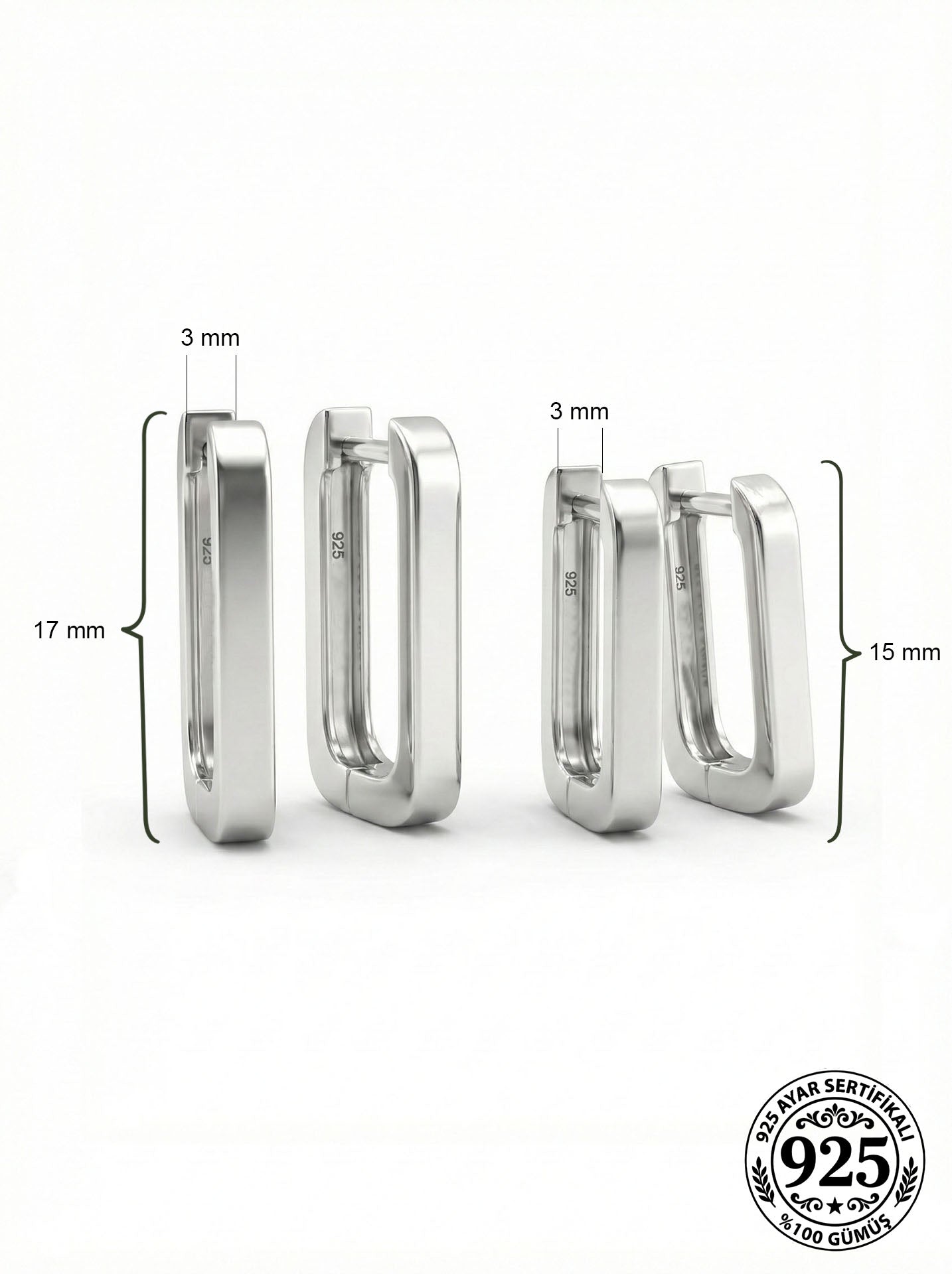 Rectangle Huggie Hoop Earring Pair Set Rhodium Plated Silver – Medium-Small 3mm Wide