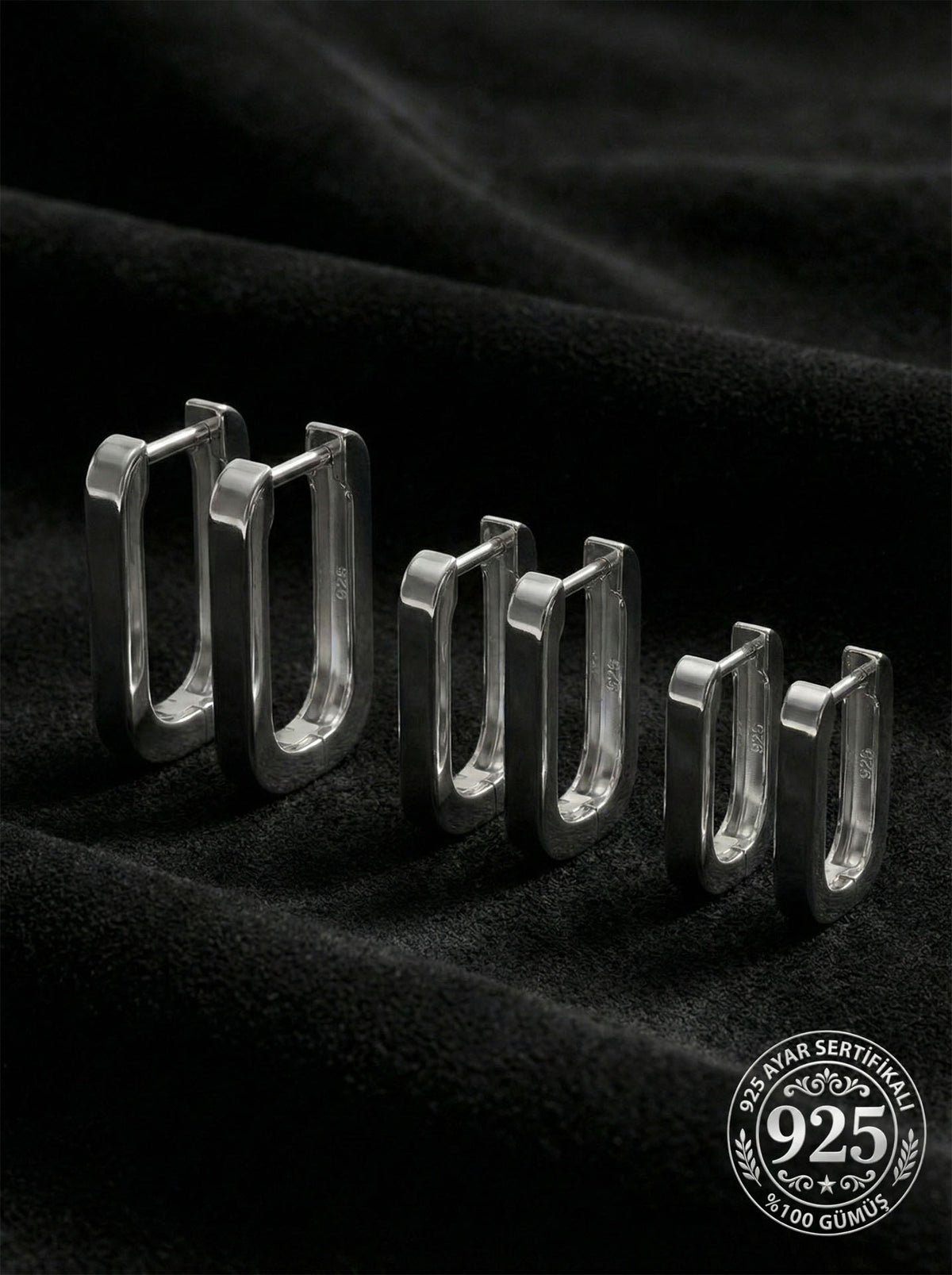 Rectangular Huggie Hoops Set of 3 Pairs (3mm) in 925 sterling silver