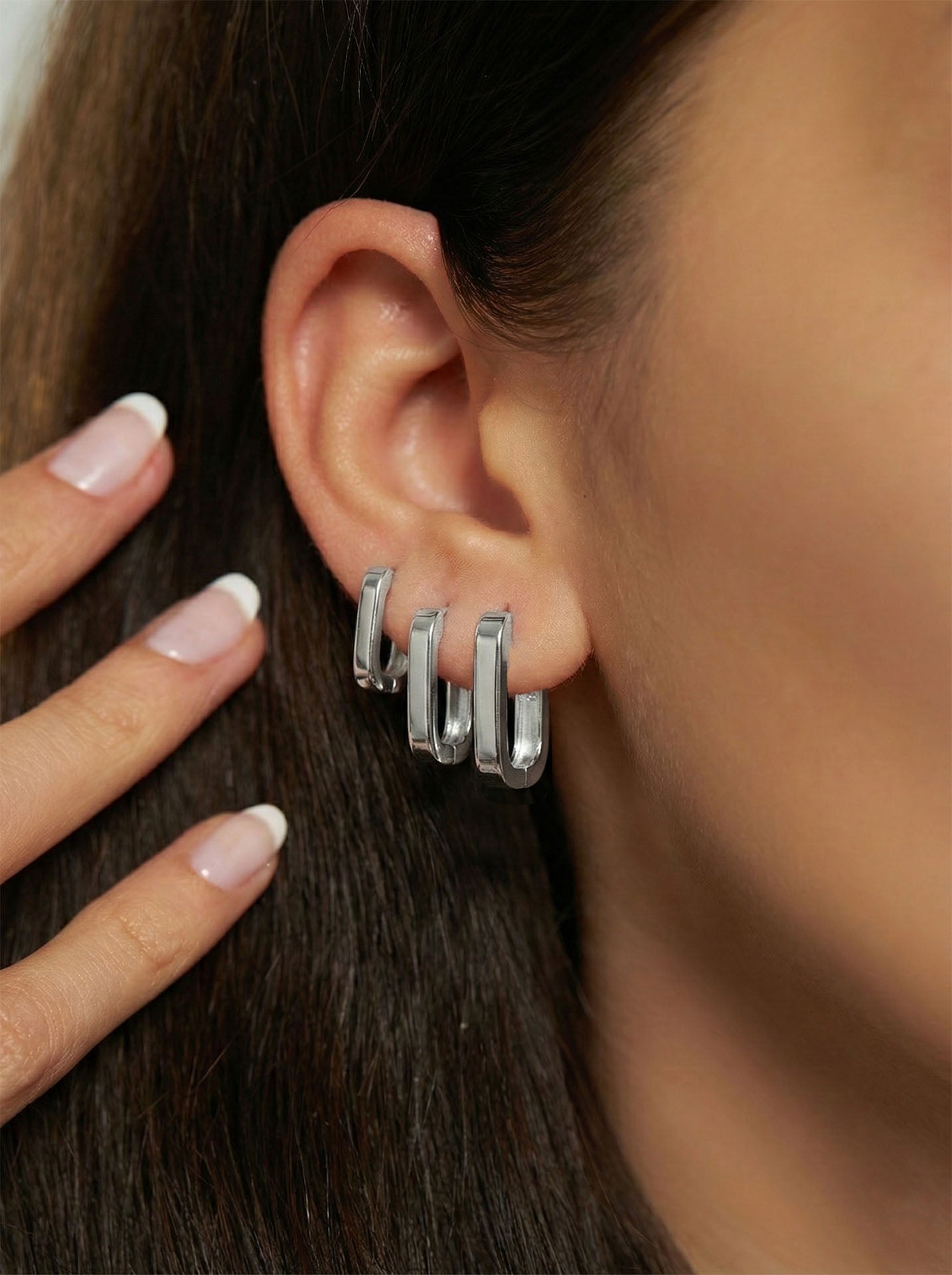 925 Sterling Silver Rhodium Plated Rectangular Huggie Hoop Earring Set 3 Pairs - (Large-Medium-Small 3mm Width)