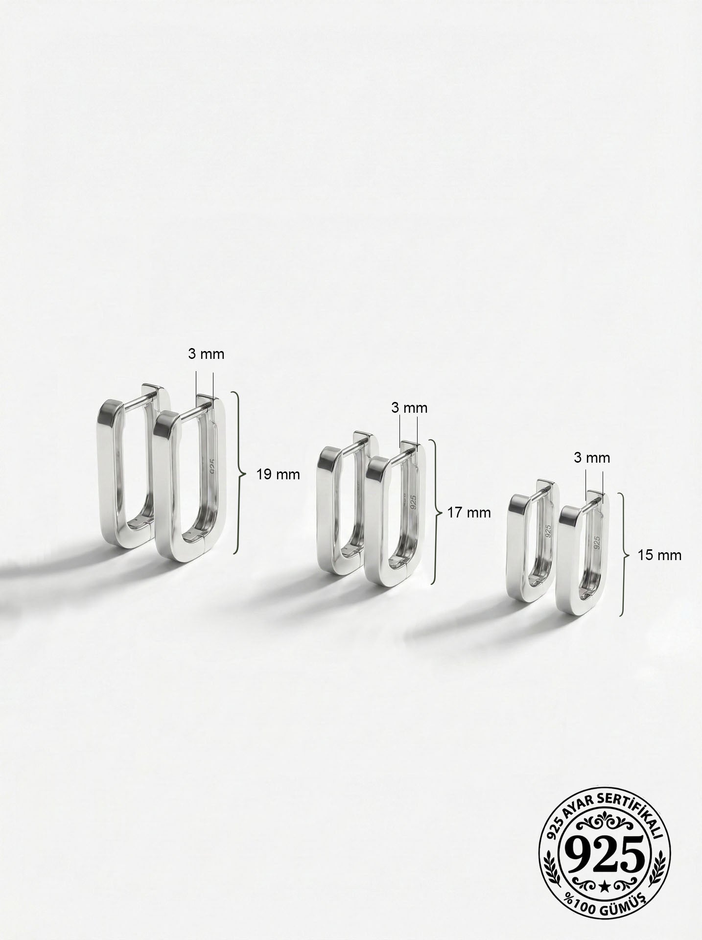 925 Sterling Silver Rhodium Plated Rectangular Huggie Hoop Earring Set 3 Pairs - (Large-Medium-Small 3mm Width)