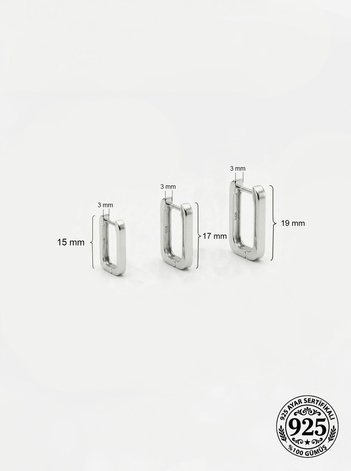 925 Sterling Silver Rhodium Plated Rectangular Huggie Hoop Earring Set 3 Pairs - (Large-Medium-Small 3mm Width)