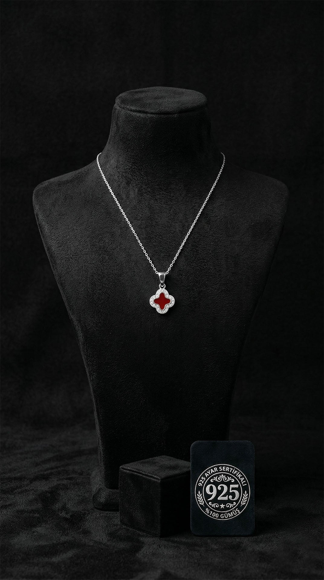 925 Sterling Silver Rhodium Plated Red Enamel Minimal Clover Necklace