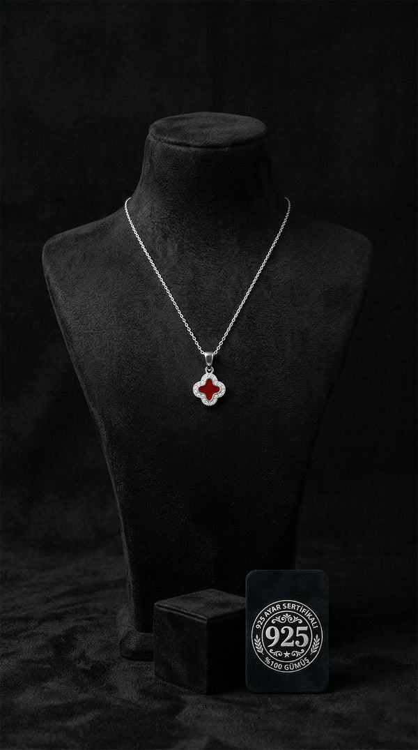 925 Sterling Silver Rhodium Plated Red Enamel Minimal Clover Necklace