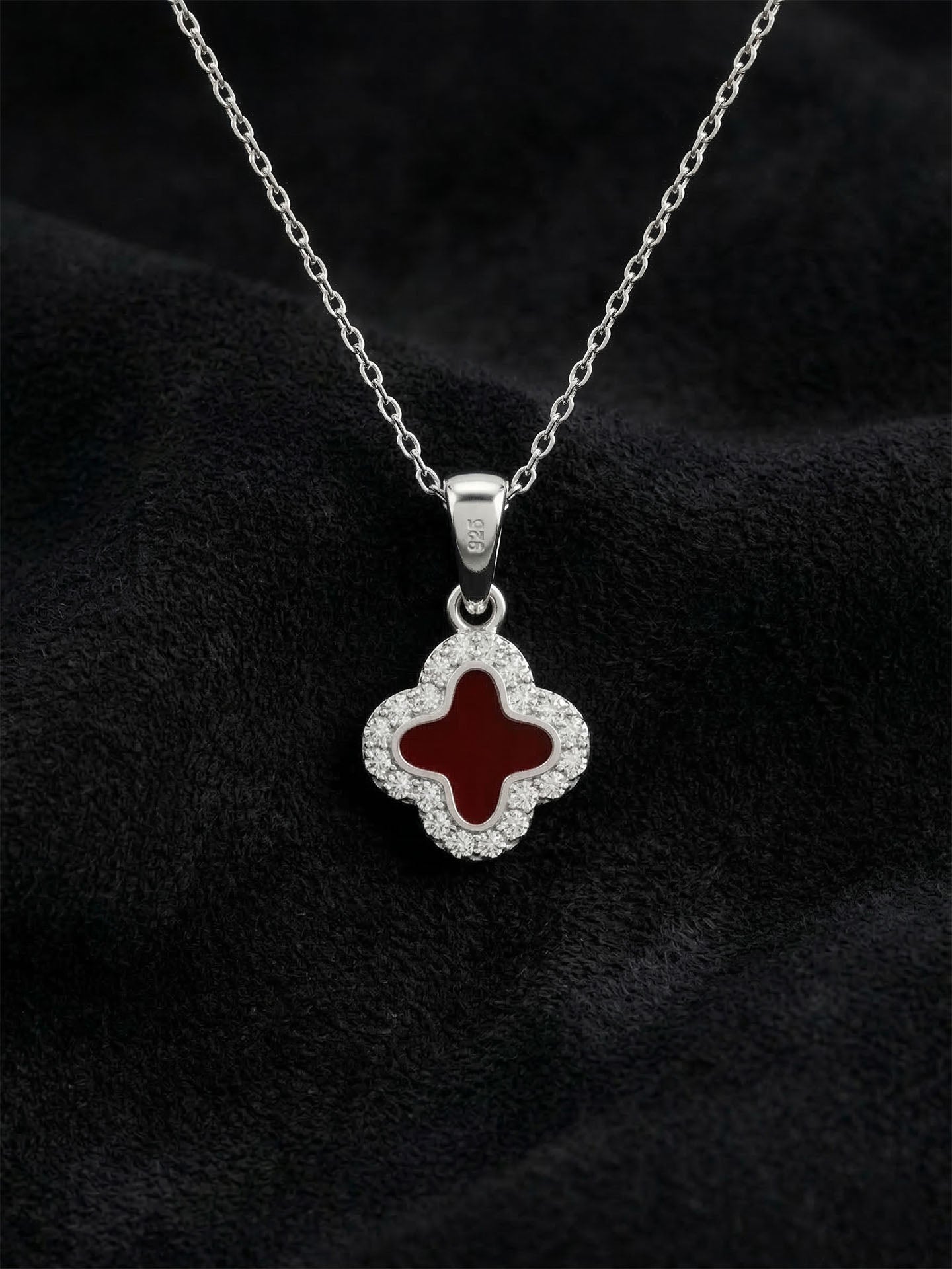 Red Enamel Minimalist Clover Necklace Rhodium Plated Silver