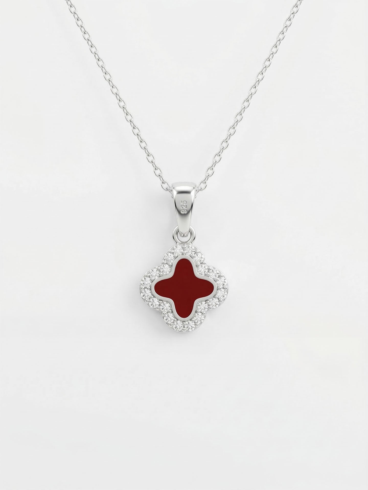 Red Enamel Minimalist Clover Necklace Rhodium Plated Silver