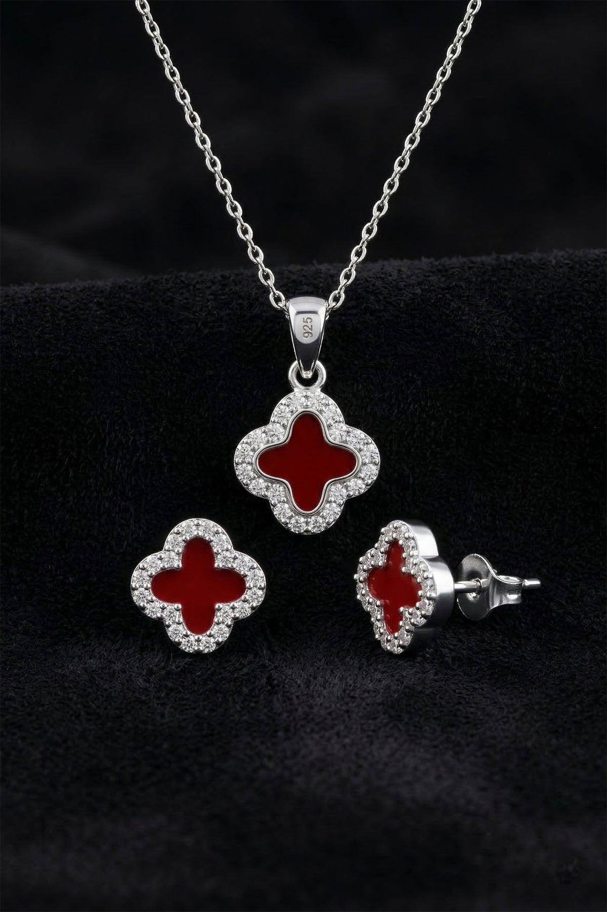 Red Enamel Necklace & Earrings 2-Piece Set in 925 sterling silver