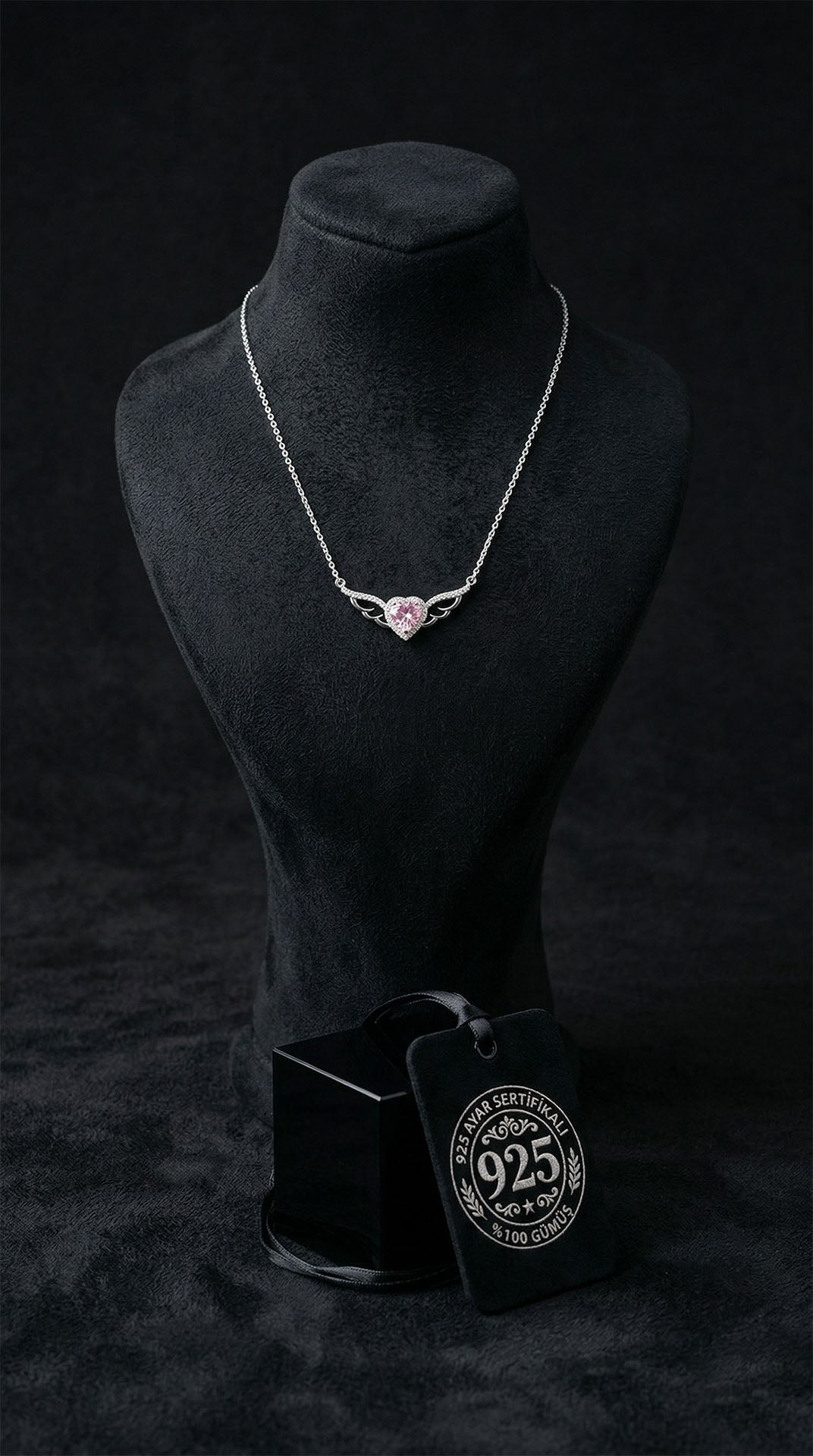 Rhodium Pink Tourmaline Winged Heart Necklace in 925 sterling silver