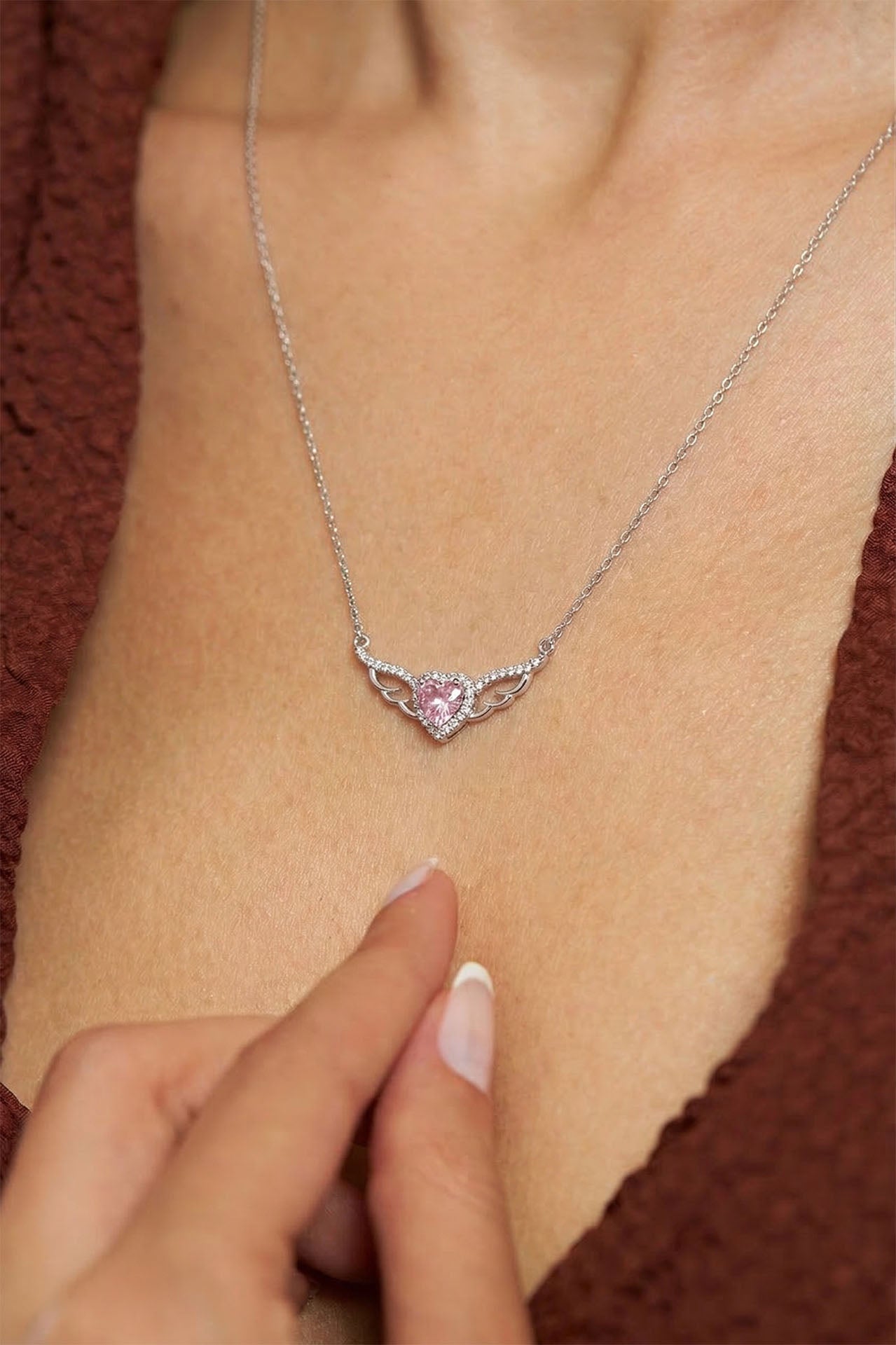 Rose Quartz Winged Heart Necklace Rhodium Plated Silver