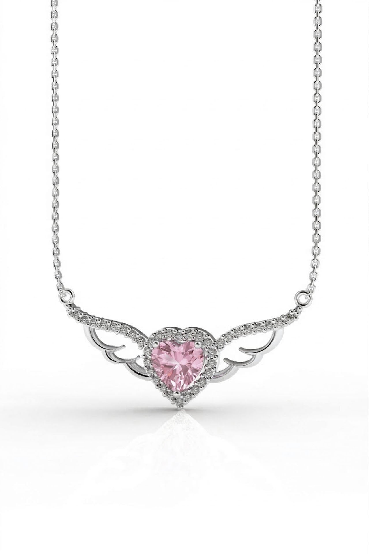 Rose Quartz Winged Heart Necklace Rhodium Plated Silver