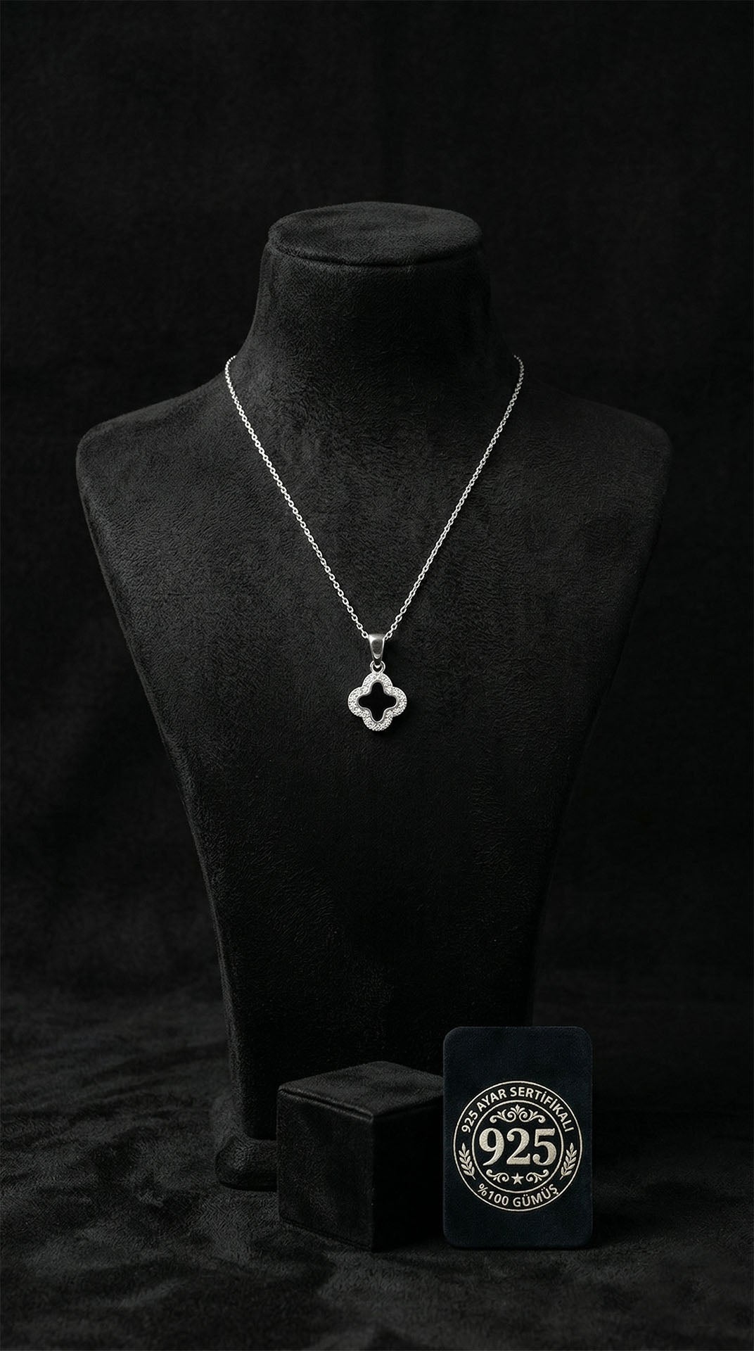 Black Enamel Minimalist Clover Necklace Rhodium Plated Silver