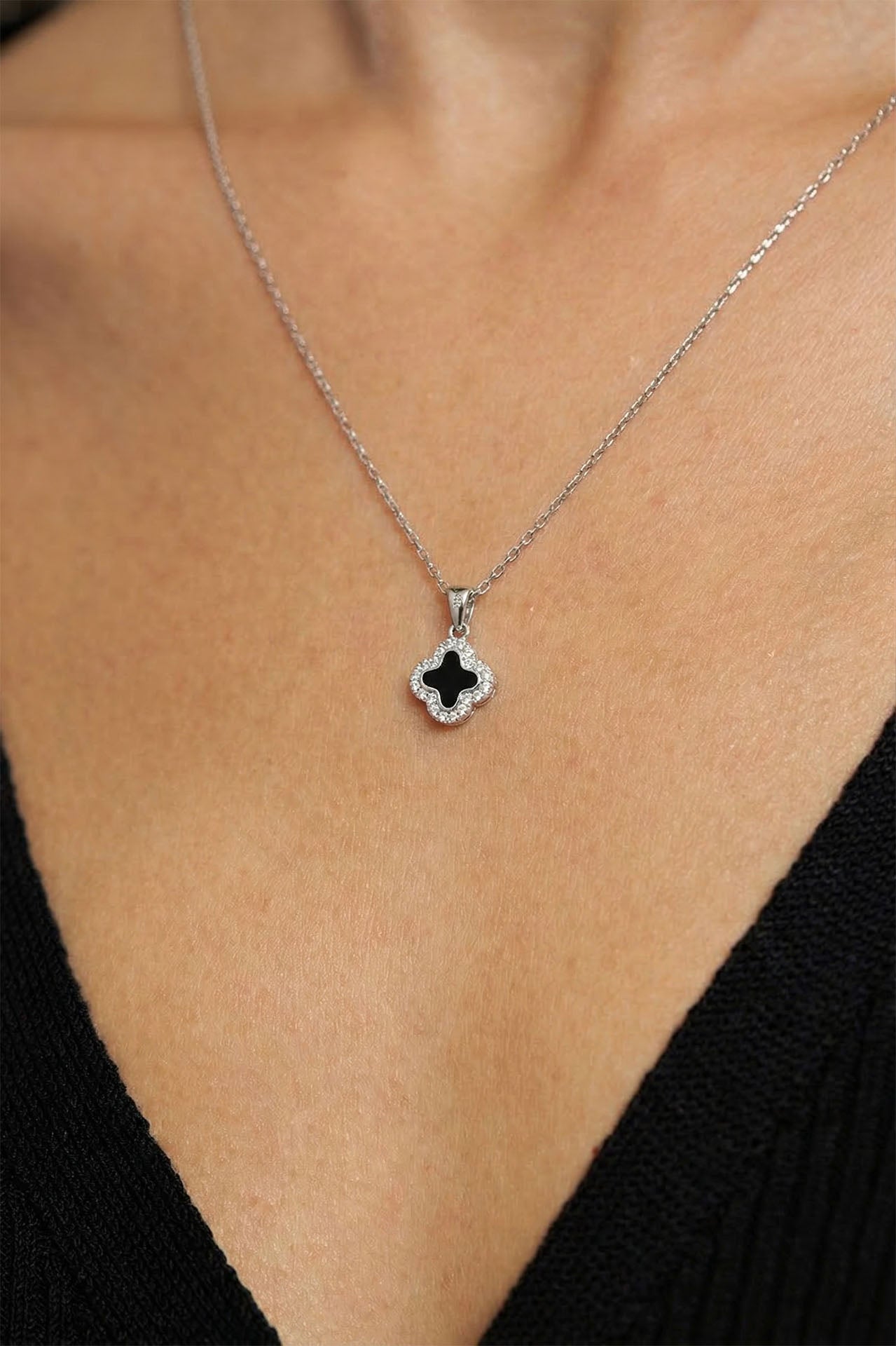 Black Enamel Minimalist Clover Necklace Rhodium Plated Silver