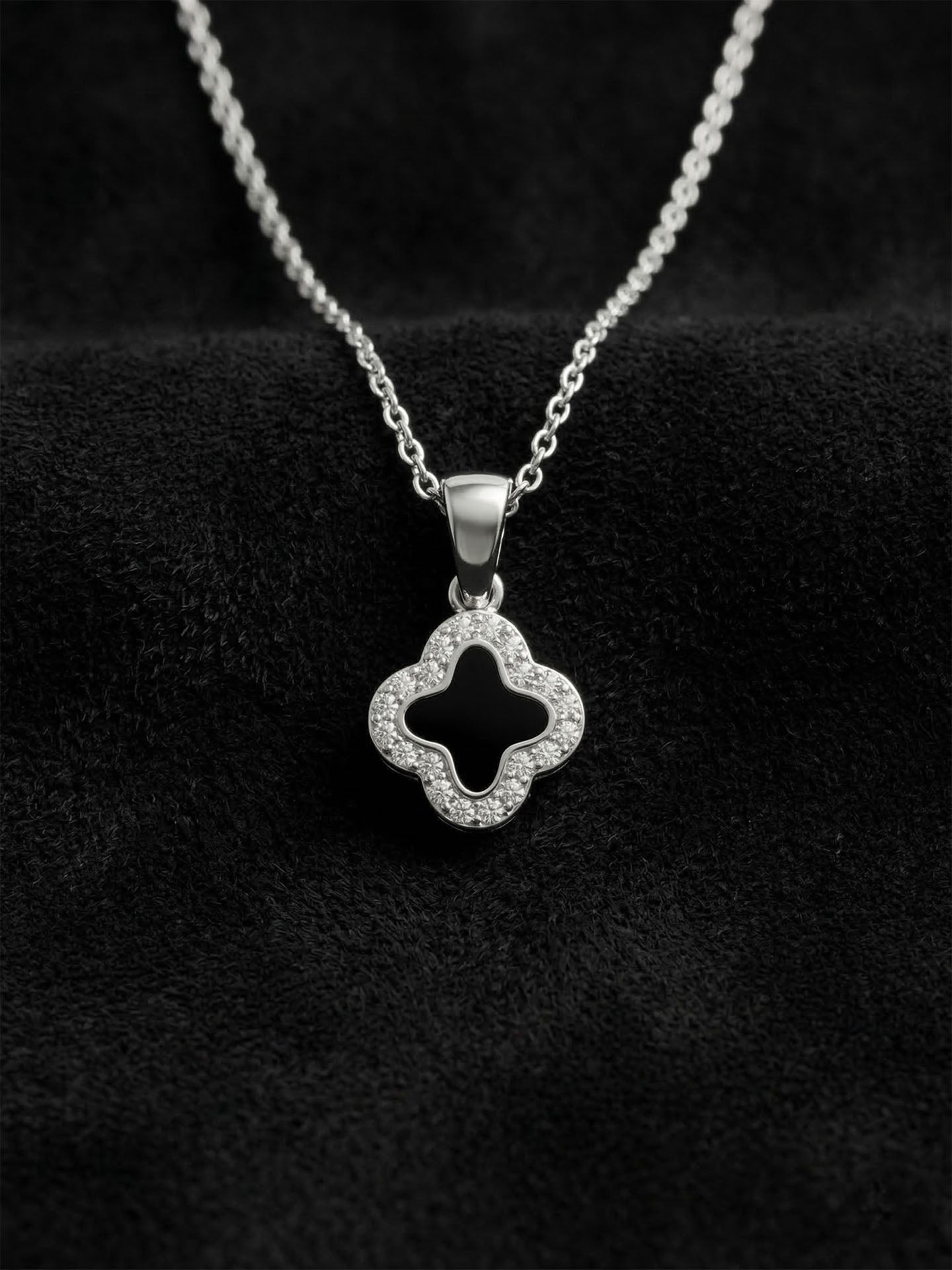 Black Enamel Minimalist Clover Necklace Rhodium Plated Silver