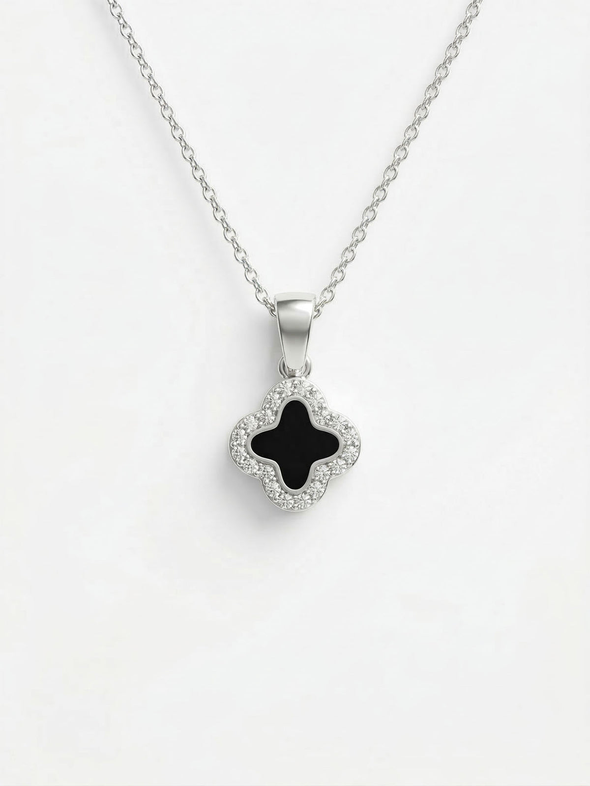 Rhodium Black Enamel Clover Pendant Necklace in 925 sterling silver - view 4