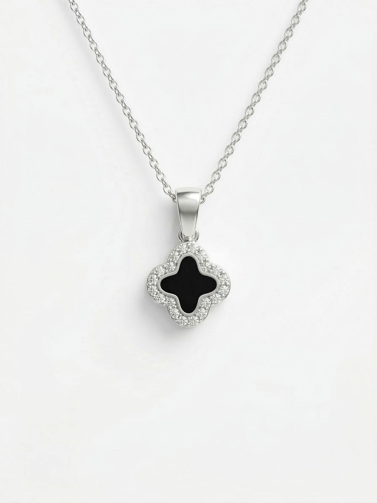 Black Enamel Minimalist Clover Necklace Rhodium Plated Silver