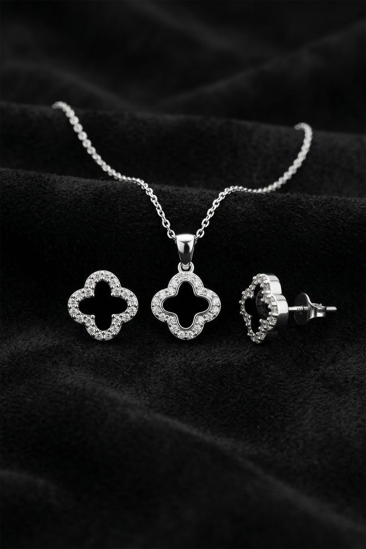Black Enamel Necklace & Earrings 2-Piece Set in 925 sterling silver