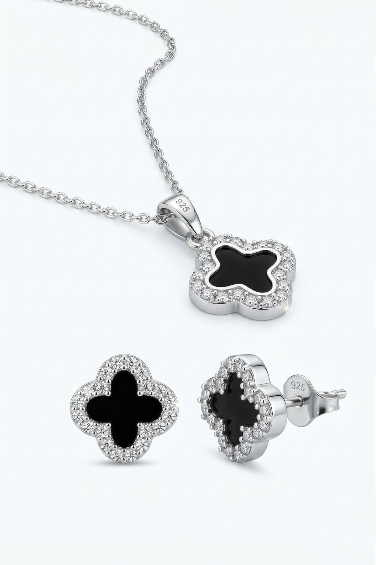 Black Enamel Necklace & Earrings 2-Piece Set | 925 Silver