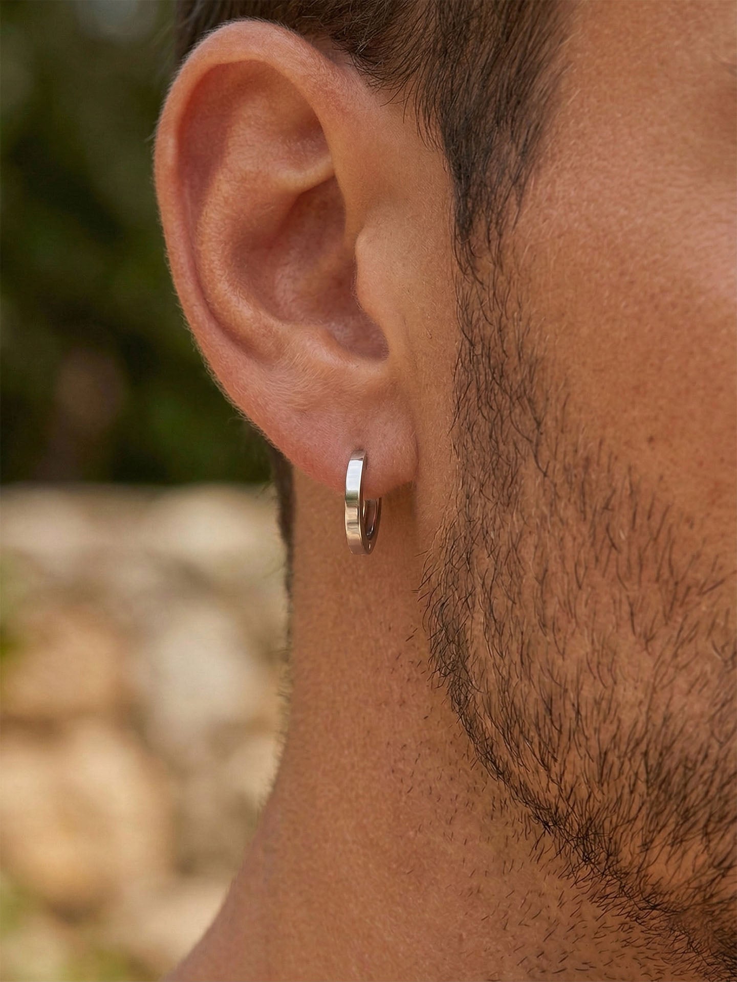 Round Men's Hoop Single Earrings Rhodium Plated Silver