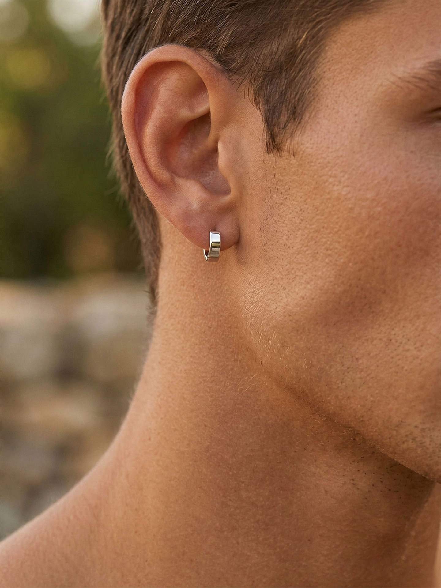 Round Men's Huggie Hoop Single Earrings Rhodium Plated Silver