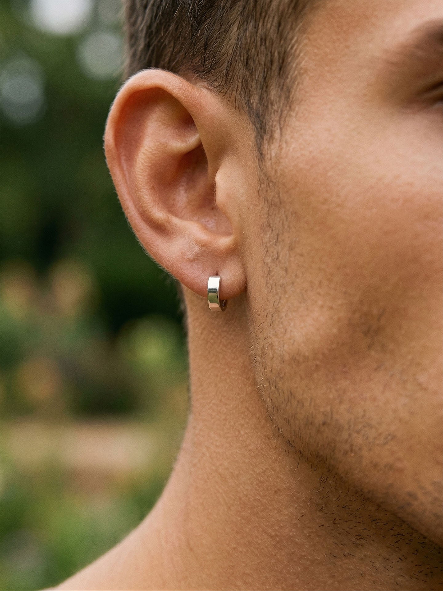 Round Men's Huggie Hoop Single Earrings Rhodium Plated Silver