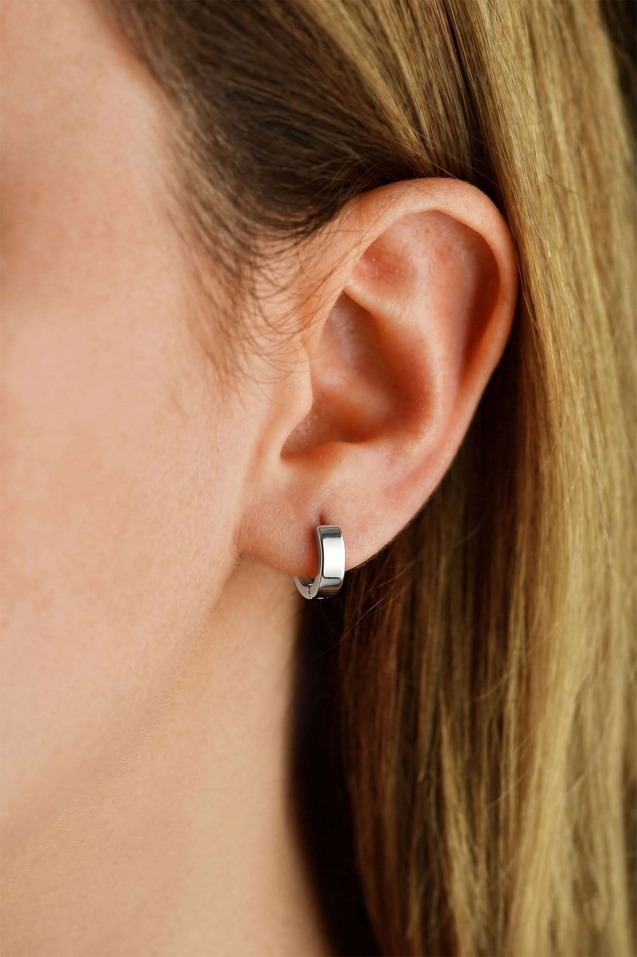 Round Unisex Huggie Hoop Pair Earrings Rhodium Plated Silver