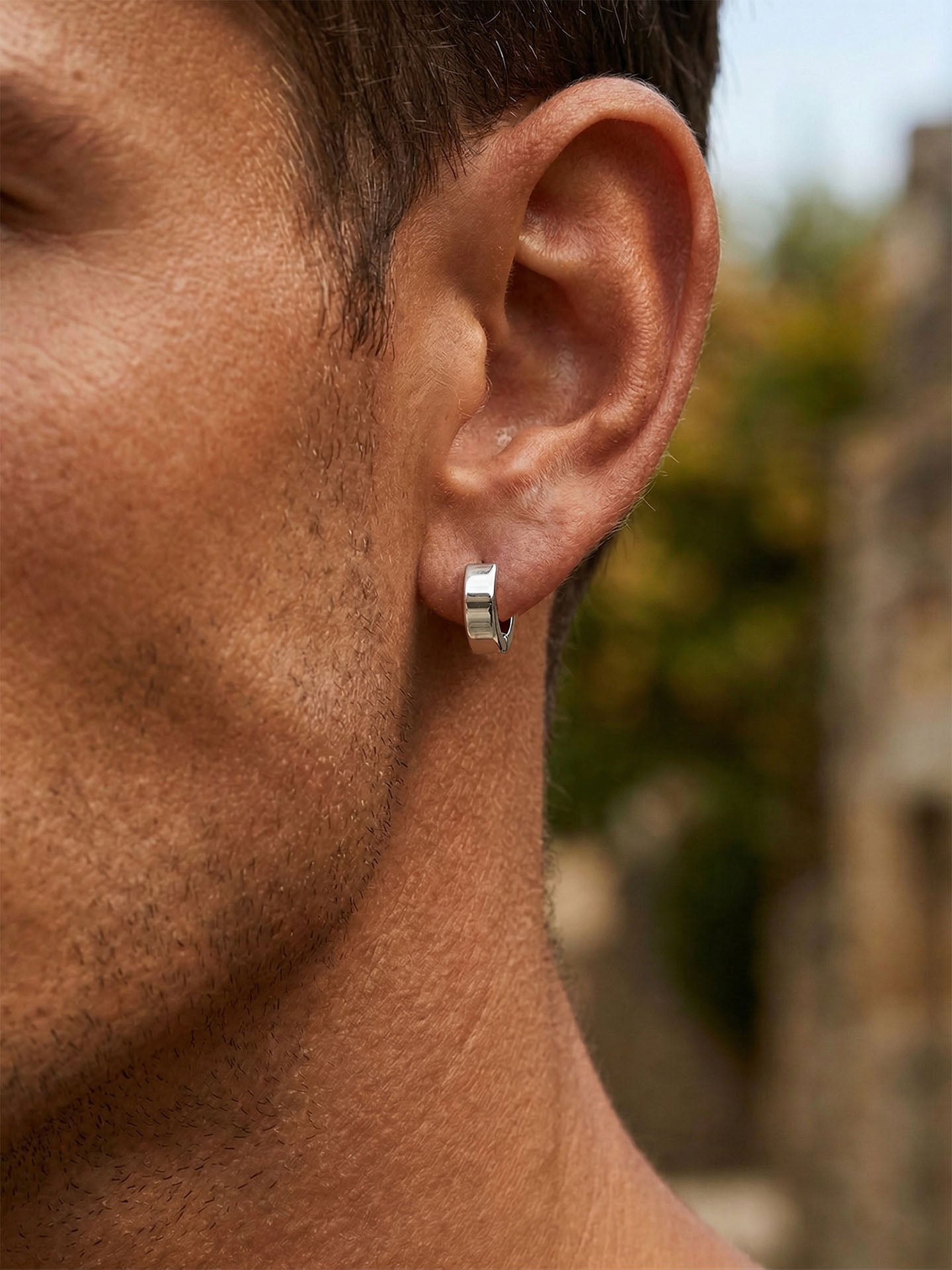 Round Unisex Huggie Hoop Pair Earrings Rhodium Plated Silver