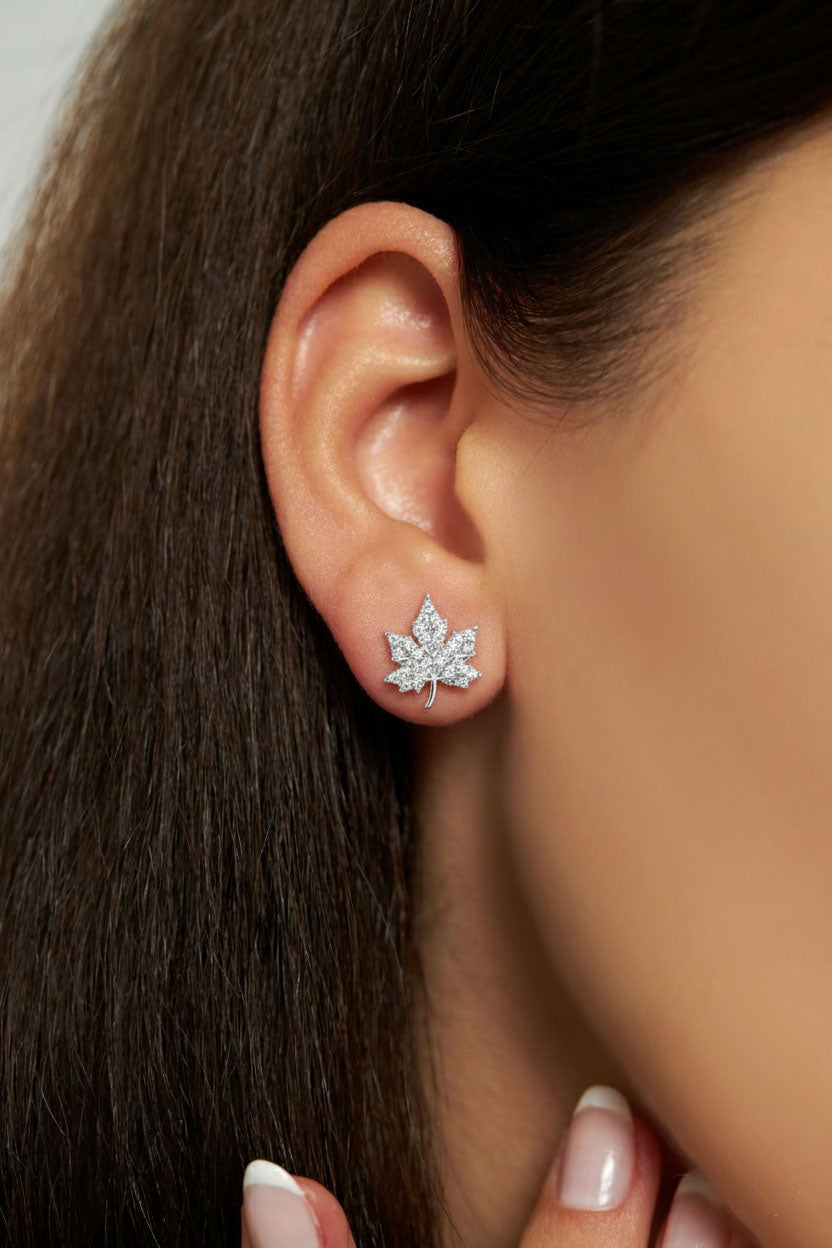 CZ Embroidered-Style Sycamore Leaf Stud Earrings Rhodium Plated Silver