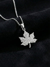925 Sterling Silver Rhodium Plated Zircon Stone Engraved Plane Tree Leaf Necklace