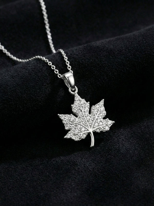 925 Sterling Silver Rhodium Plated Zircon Stone Engraved Plane Tree Leaf Necklace