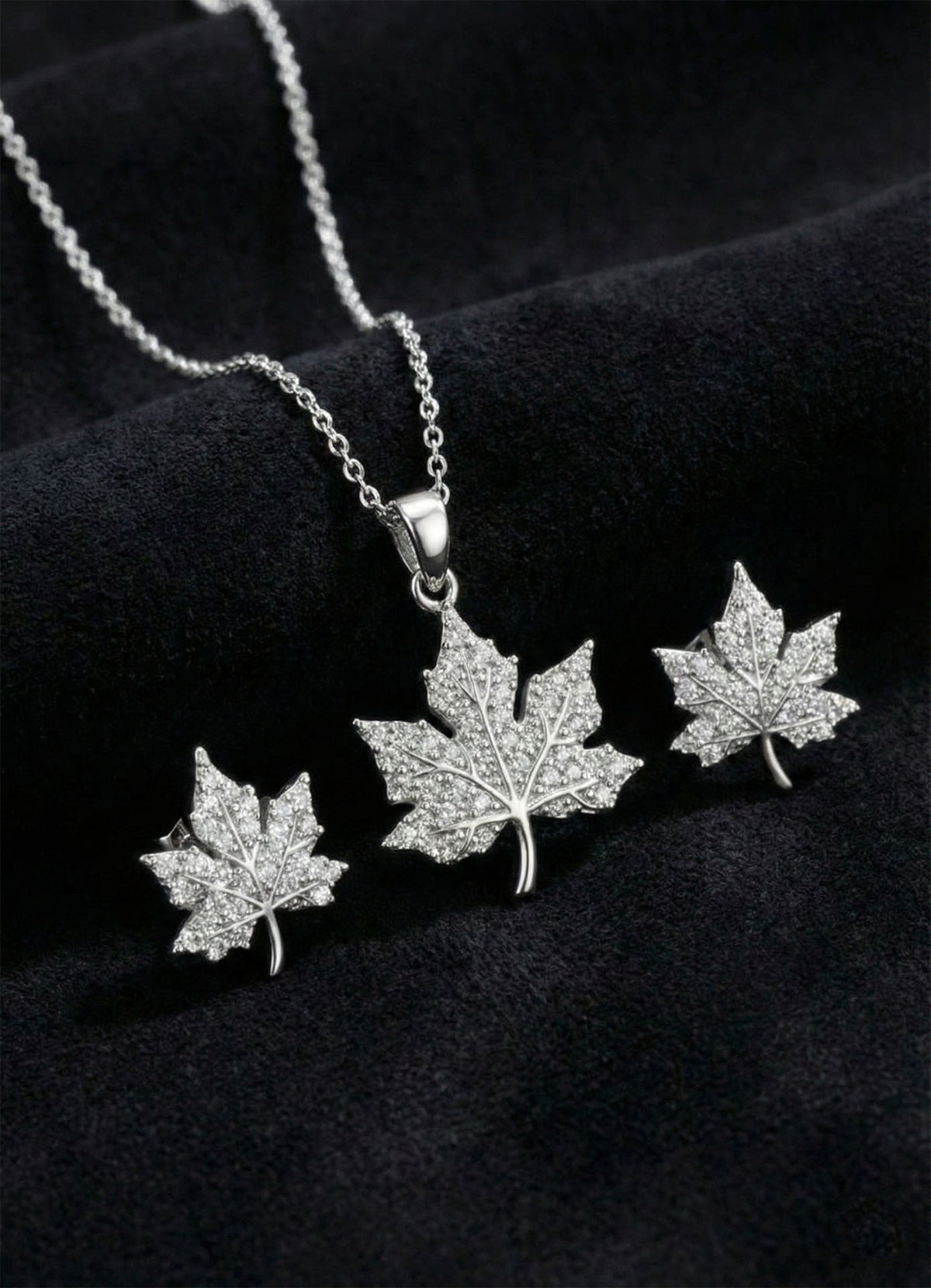 Zircon Plane Tree Leaf Necklace & Earrings Set in 925 sterling silver