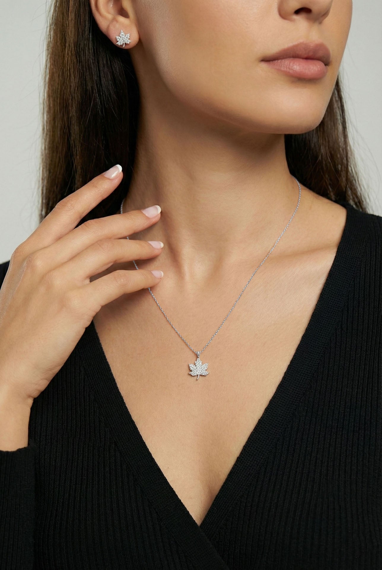 CZ Embroidered-Style Sycamore Leaf Necklace & Earrings Set Rhodium Plated Silver