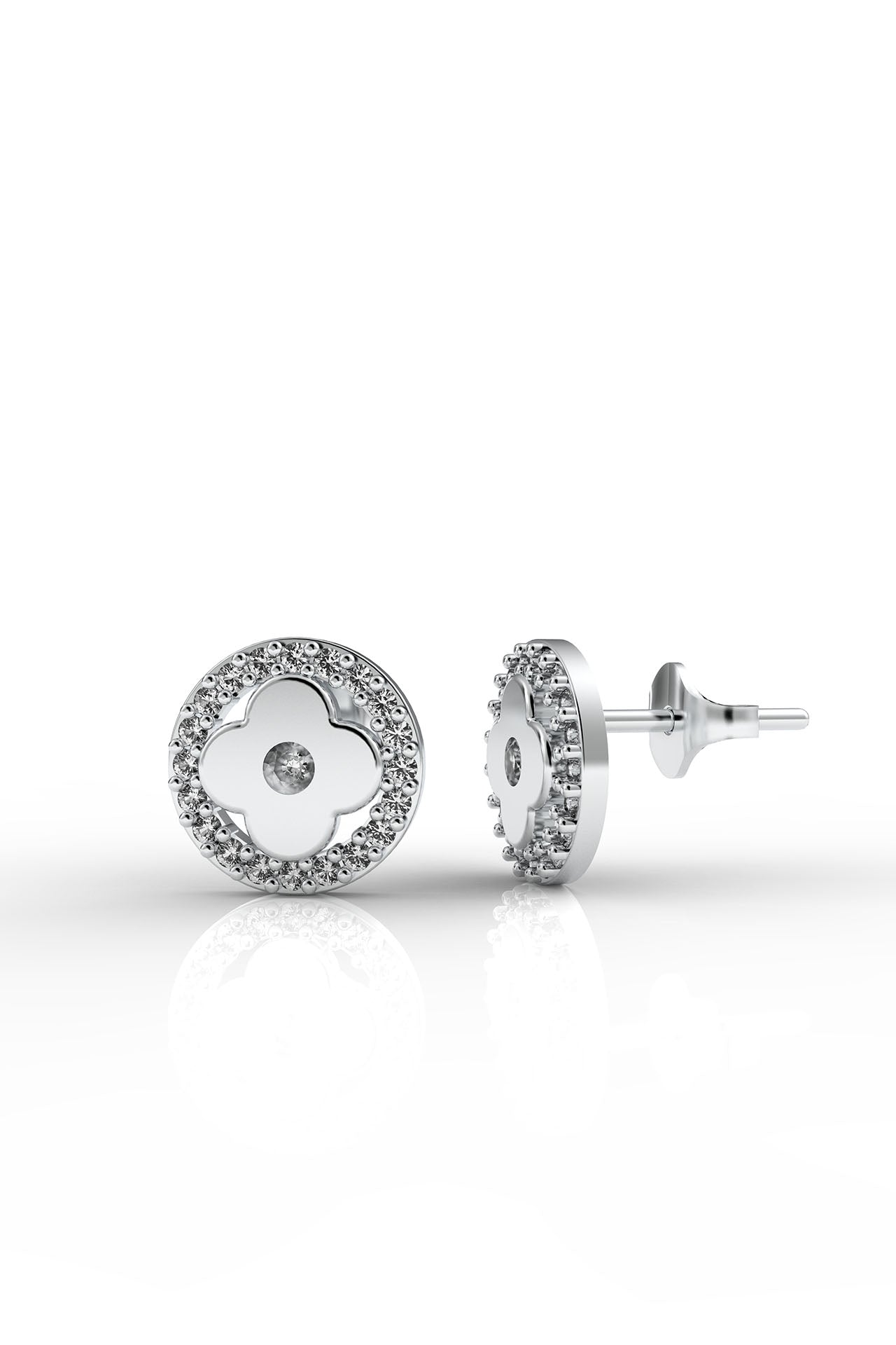 CZ Halo Round Clover Stud Earrings Rhodium Plated Silver