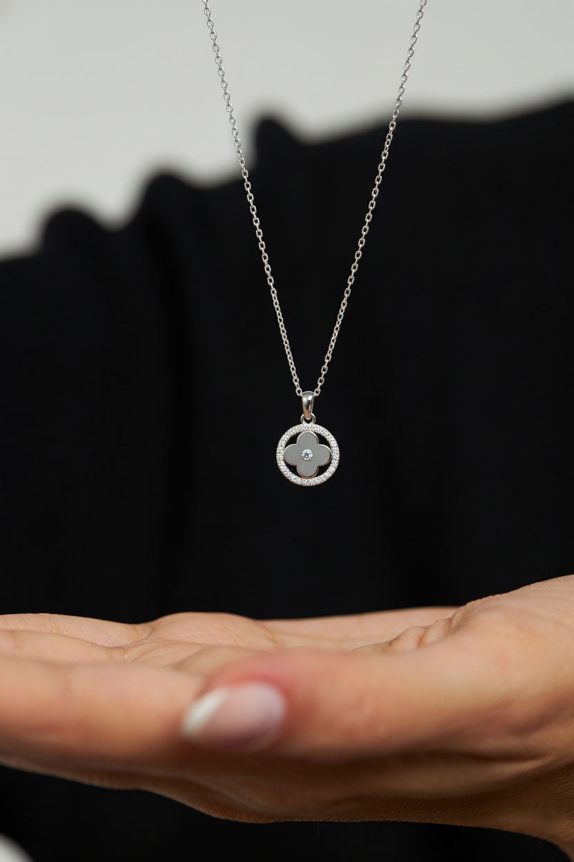 CZ Butterfly Detailed Clover Necklace Rhodium Plated Silver