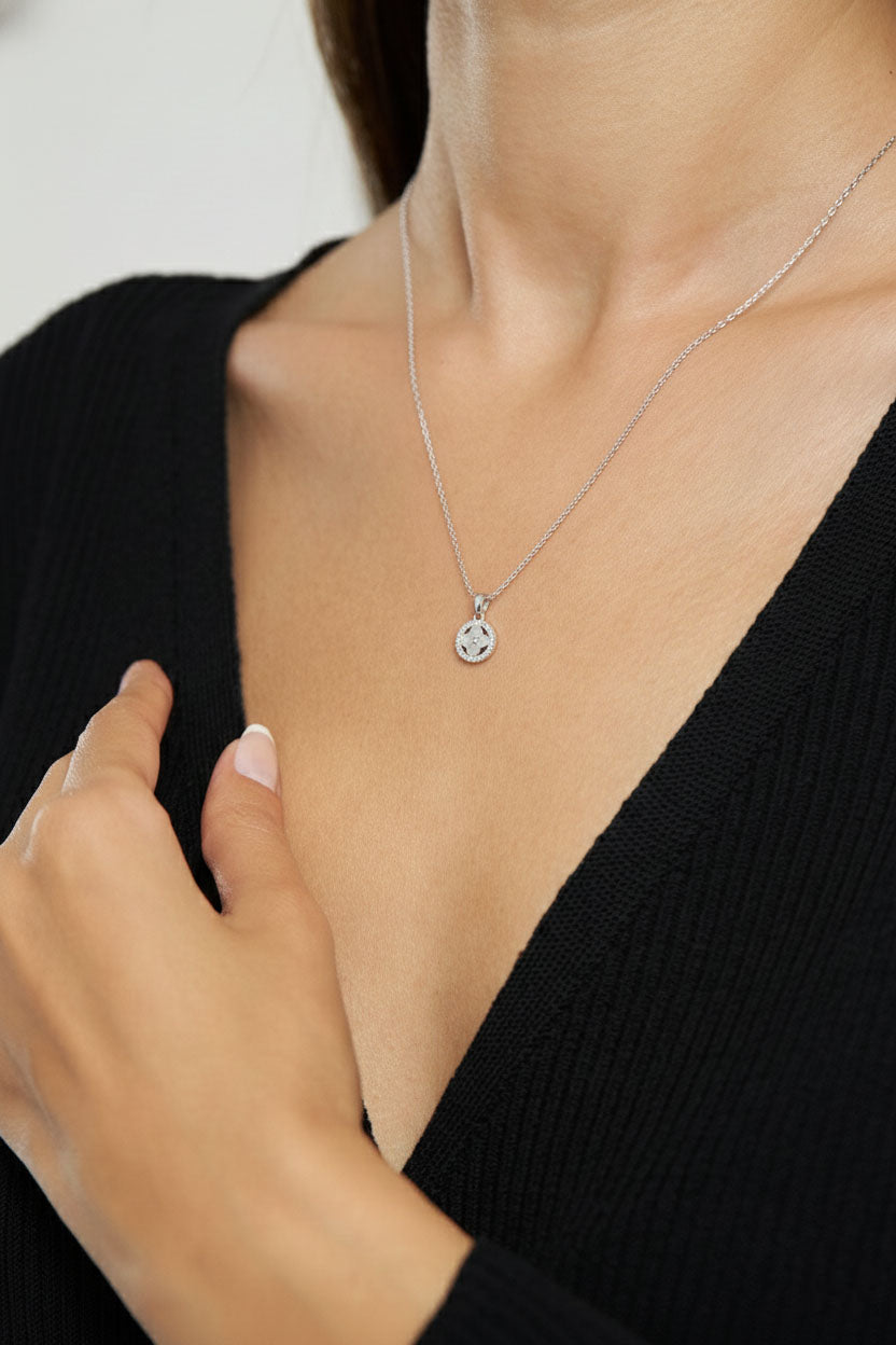 CZ Butterfly Detailed Clover Necklace Rhodium Plated Silver
