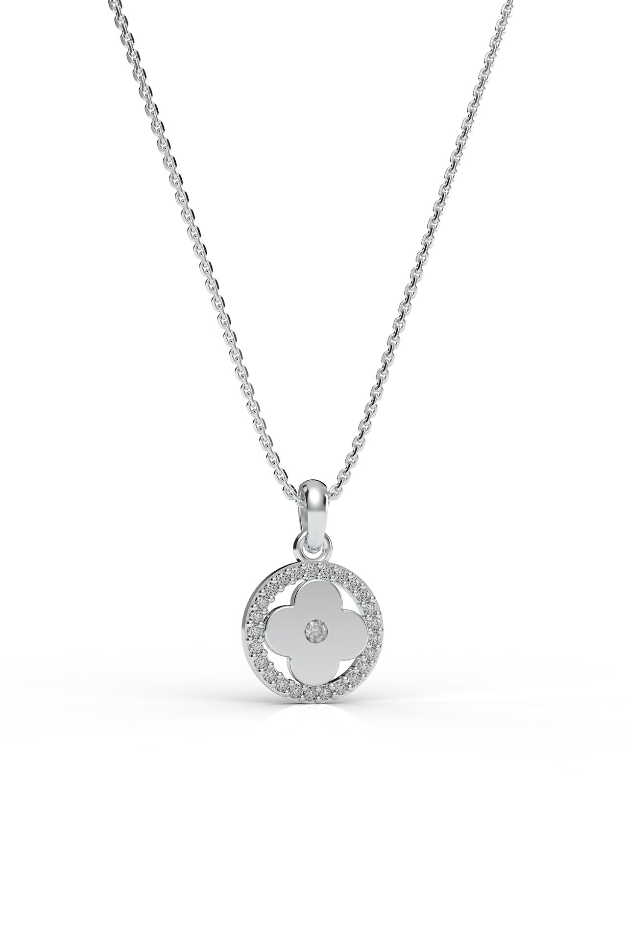 CZ Butterfly Detailed Clover Necklace Rhodium Plated Silver