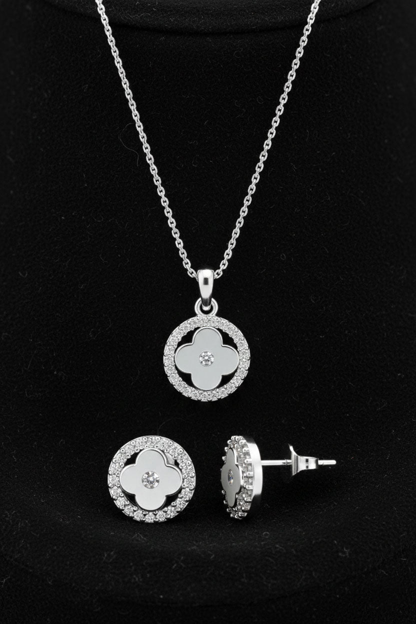 Zircon Halo Round Clover Necklace Earrings Set in 925 sterling silver