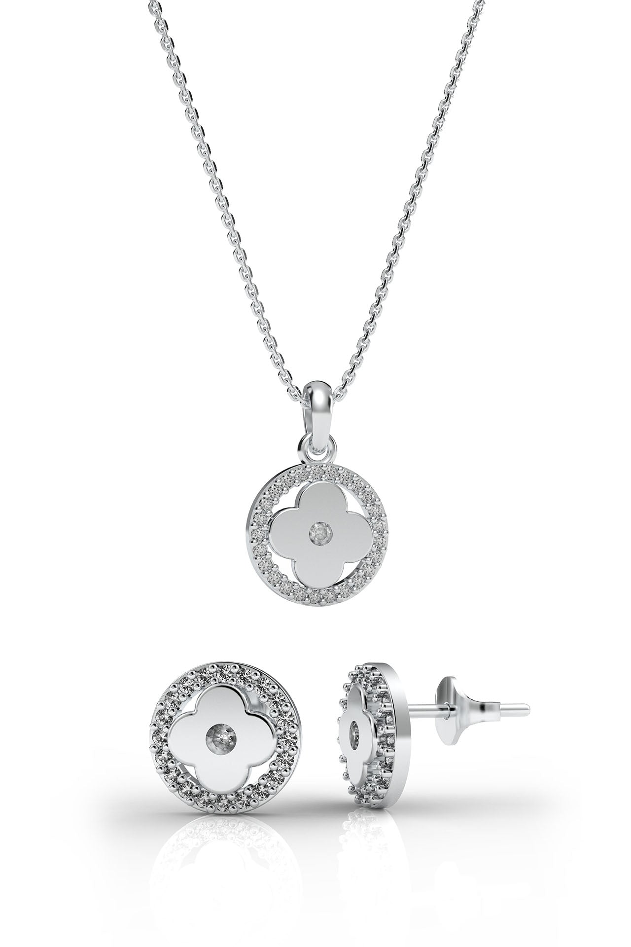 CZ Halo Round Clover Necklace & Earrings Set Rhodium Plated Silver
