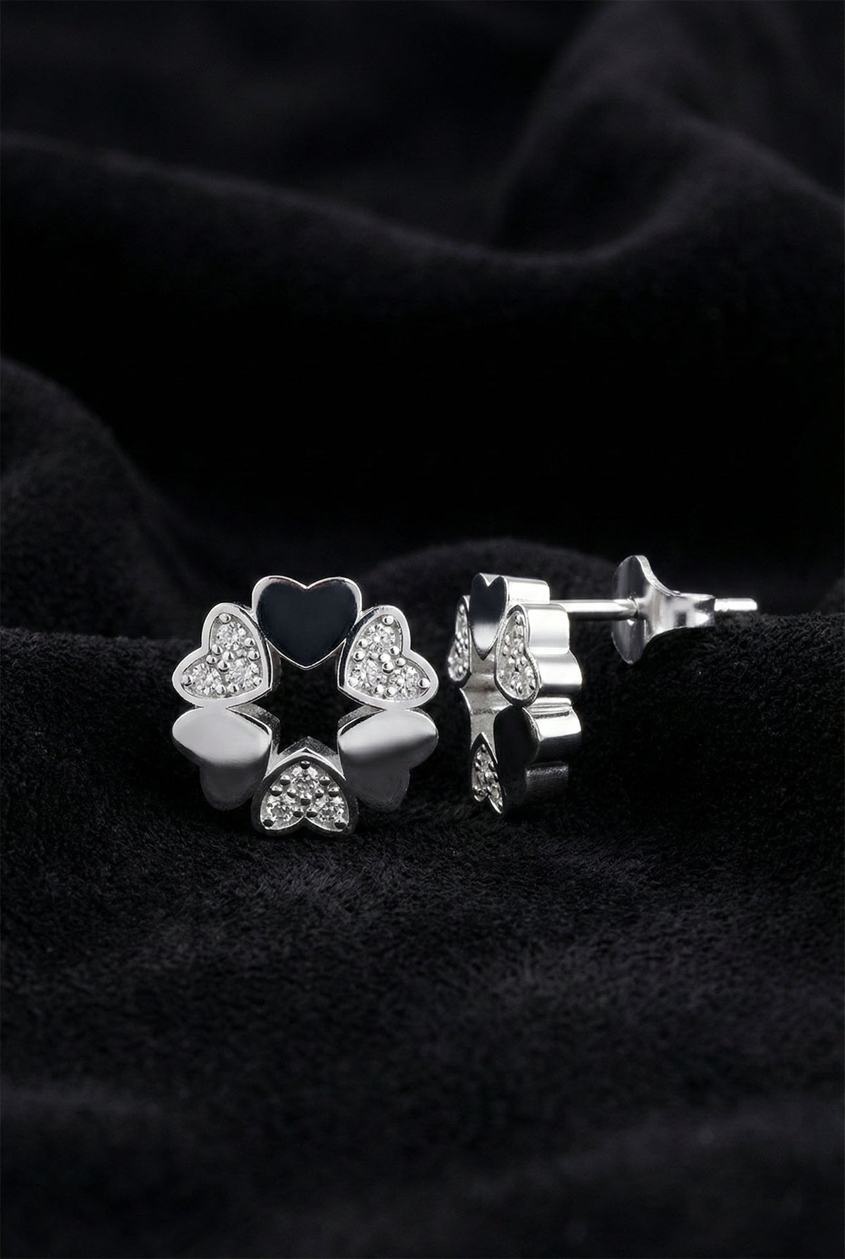 Rhodium Interlocking Hearts Flower Zircon Studs in 925 sterling silver