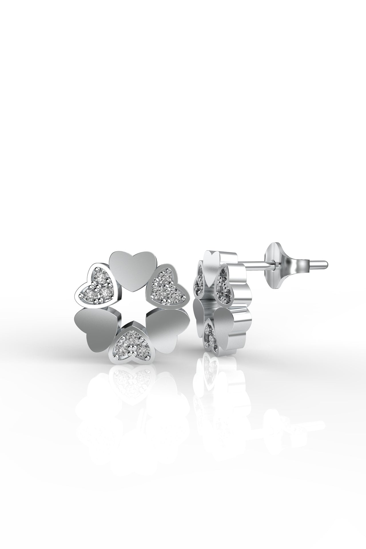 925 Sterling Silver Rhodium Plated Zircon Stone Interlocking Hearts Flower Stud Earrings