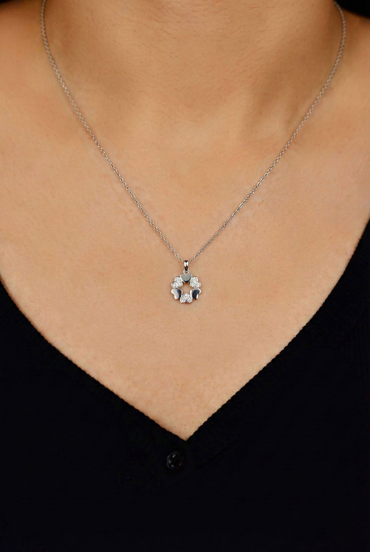 CZ Halo Round Clover Necklace Rhodium Plated Silver