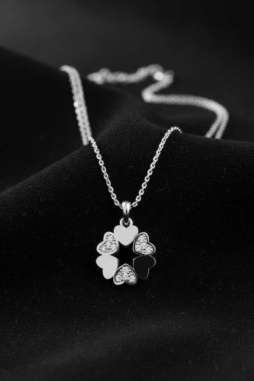 CZ Halo Round Clover Necklace Rhodium Plated Silver