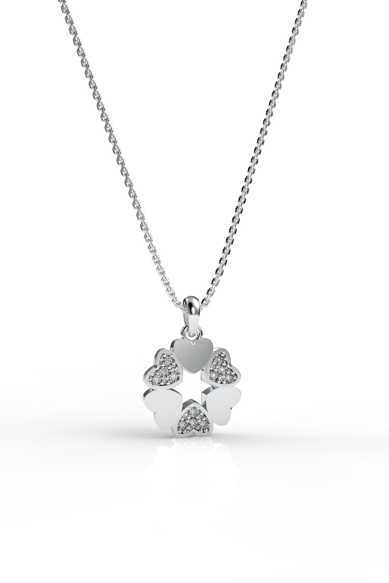 CZ Halo Round Clover Necklace Rhodium Plated Silver