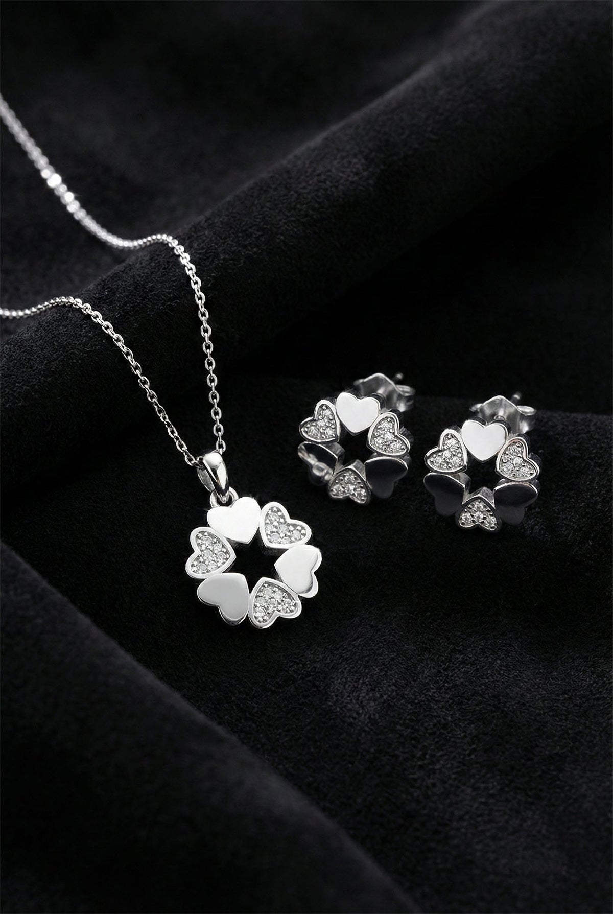 Zircon Entwined Hearts Necklace Earrings Set in 925 sterling silver