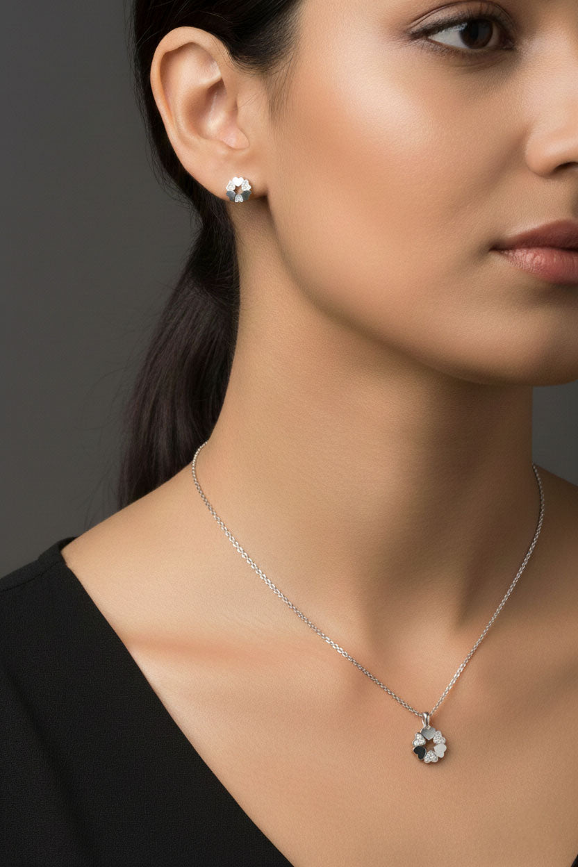 CZ Interlocking Hearts Flower Necklace & Earrings Set Rhodium Plated Silver