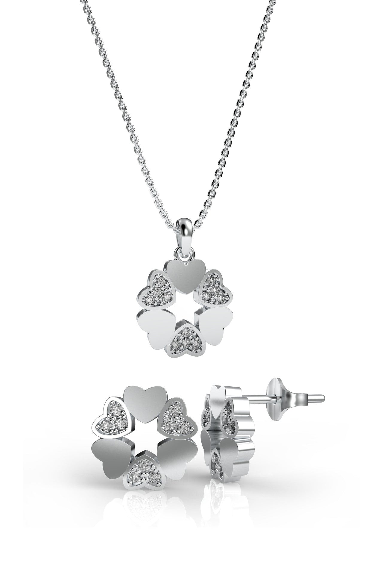 CZ Interlocking Hearts Flower Necklace & Earrings Set Rhodium Plated Silver