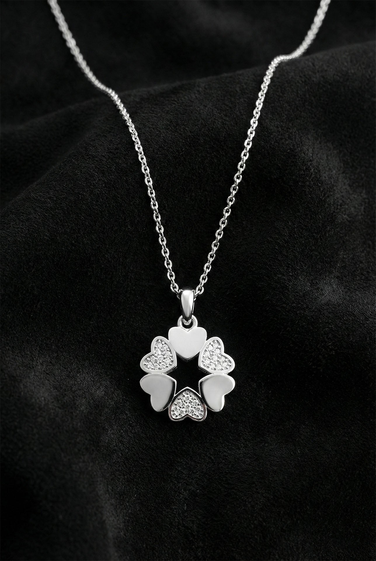 CZ Interlocking Hearts Flower Necklace & Earrings Set Rhodium Plated Silver