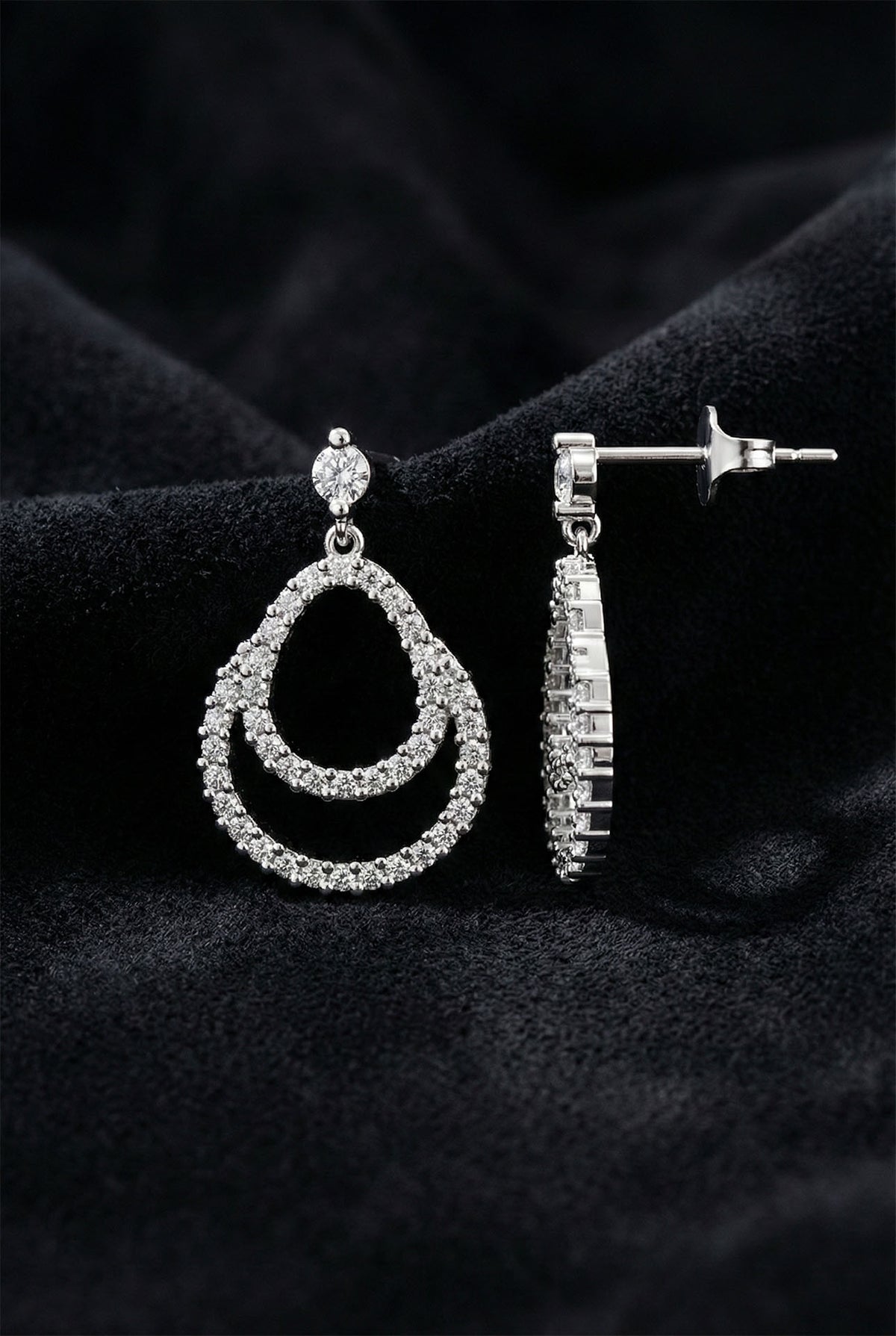 Rhodium Double Layer Teardrop Zircon Drop Studs in 925 sterling silver