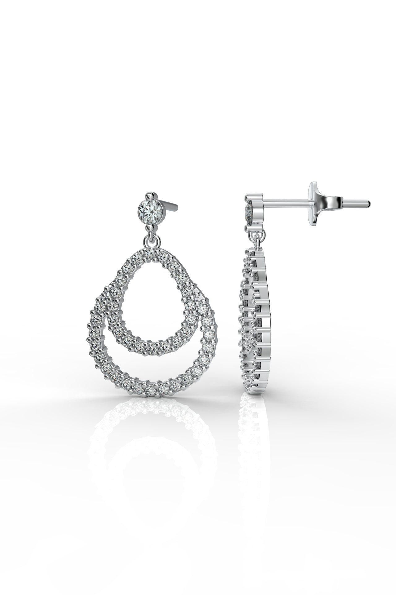 CZ Pair Layered Drop Stud Earrings Rhodium Plated Silver