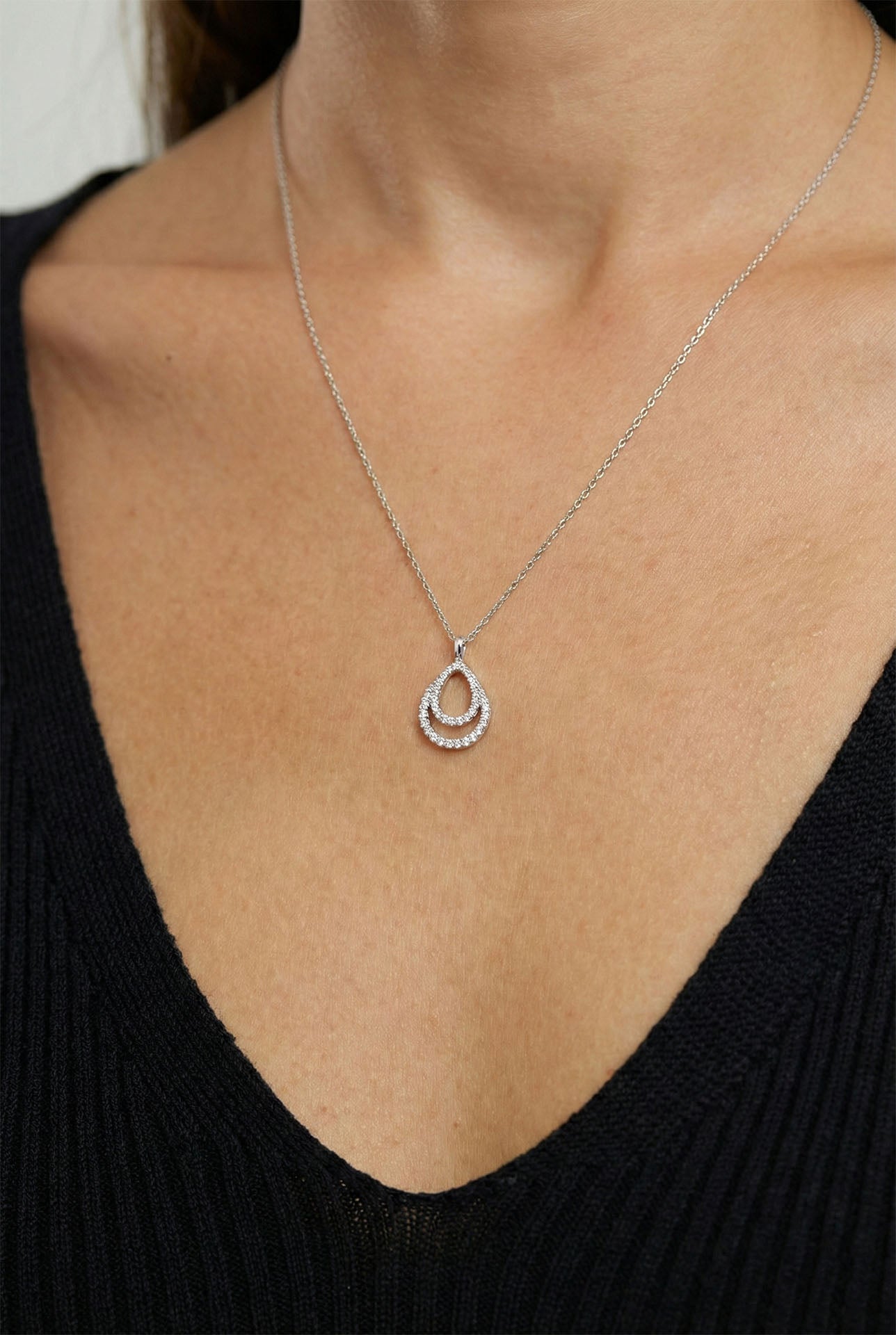 CZ Pair Layered Drop Necklace & Earrings Set Rhodium Plated Silver