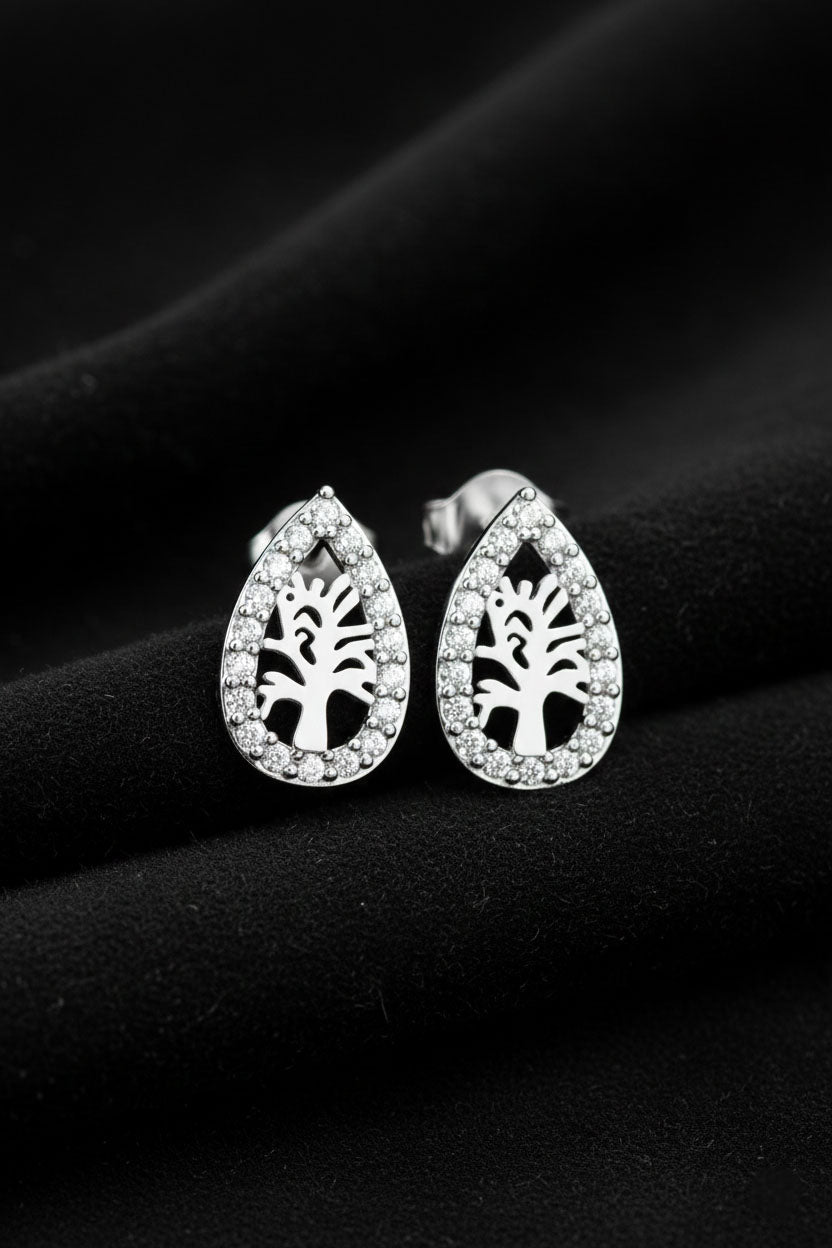 925 Sterling Silver Rhodium Plated Zircon Stone Teardrop Tree of Life Stud Earrings